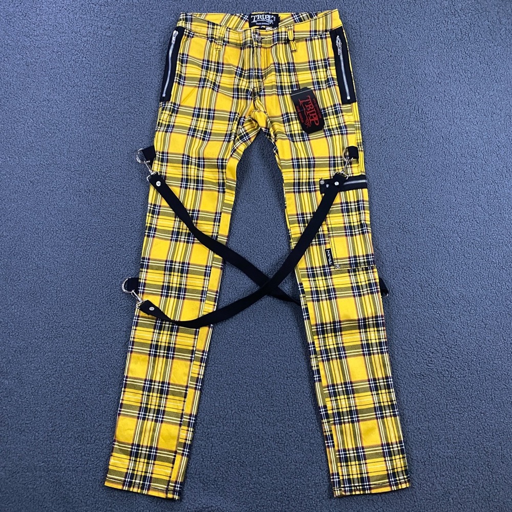 Tripp NYC Pants size 28 Yellow Plaid Goth Grunge Bondage Raver Punk Aril Lavigne